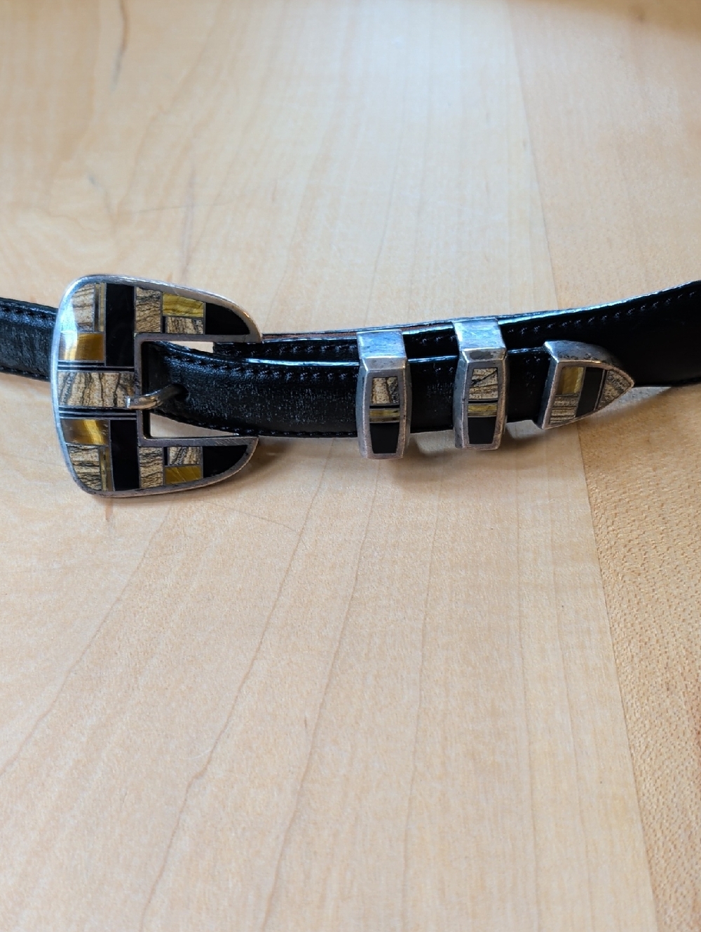 Southwest Black Leather Men's Belt with Decorative Silver Buckle